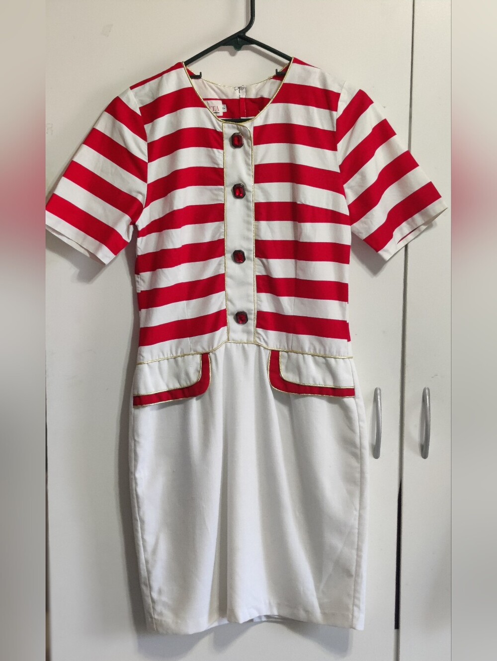 Magenta Red and White Striped Short Sleeve Mini Dress